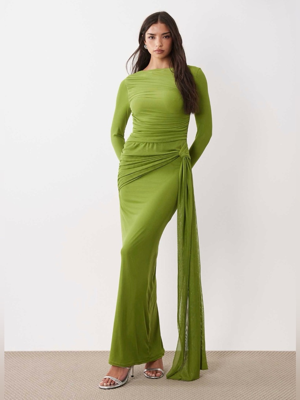 ASOS Olive Green Long Sleeve Ruched Gown/maxi dress with Side Tie